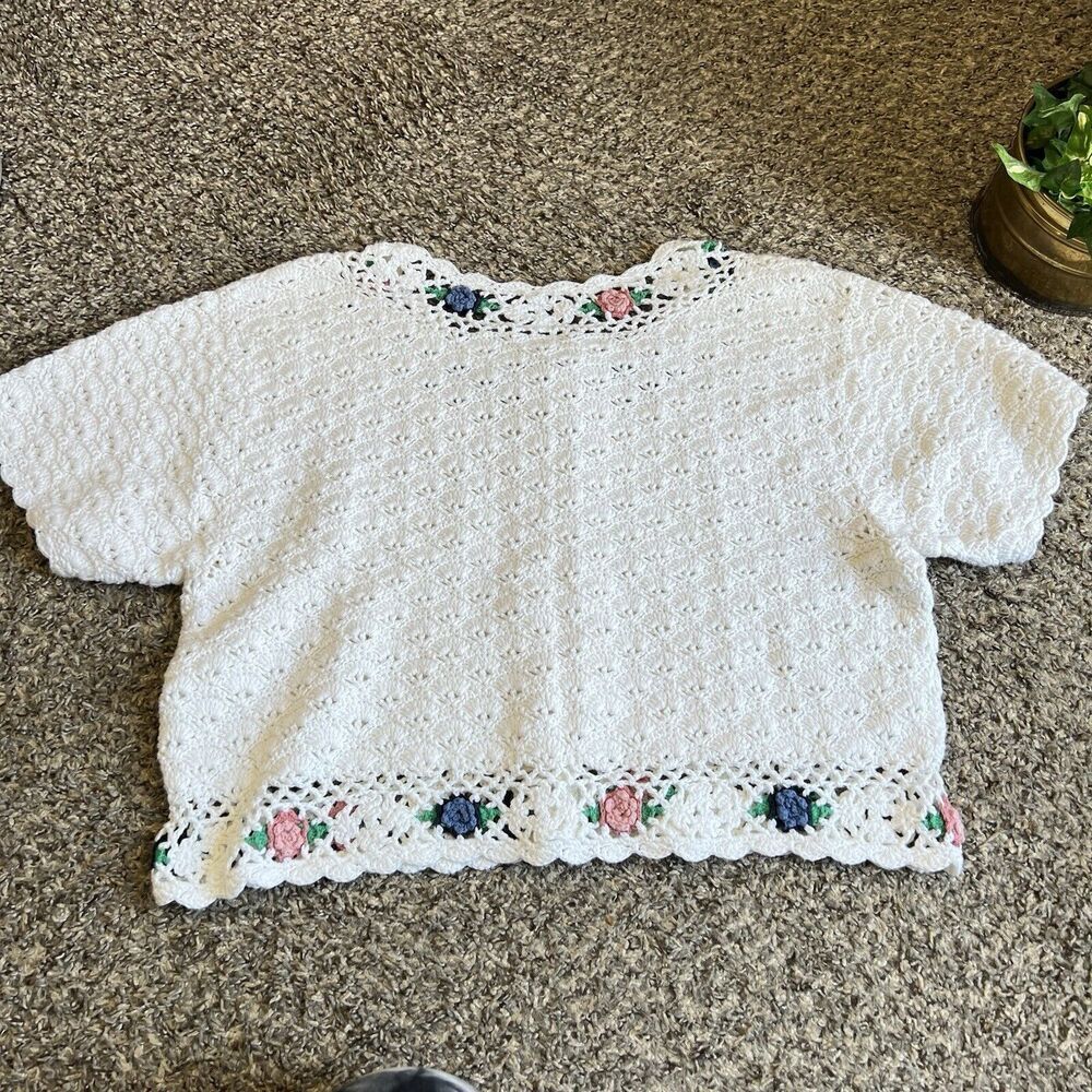 VTG Liz Sport Crochet Crop Top Cottagecore Sweater Granny Festival Boho S Petite - Picture 4 of 7